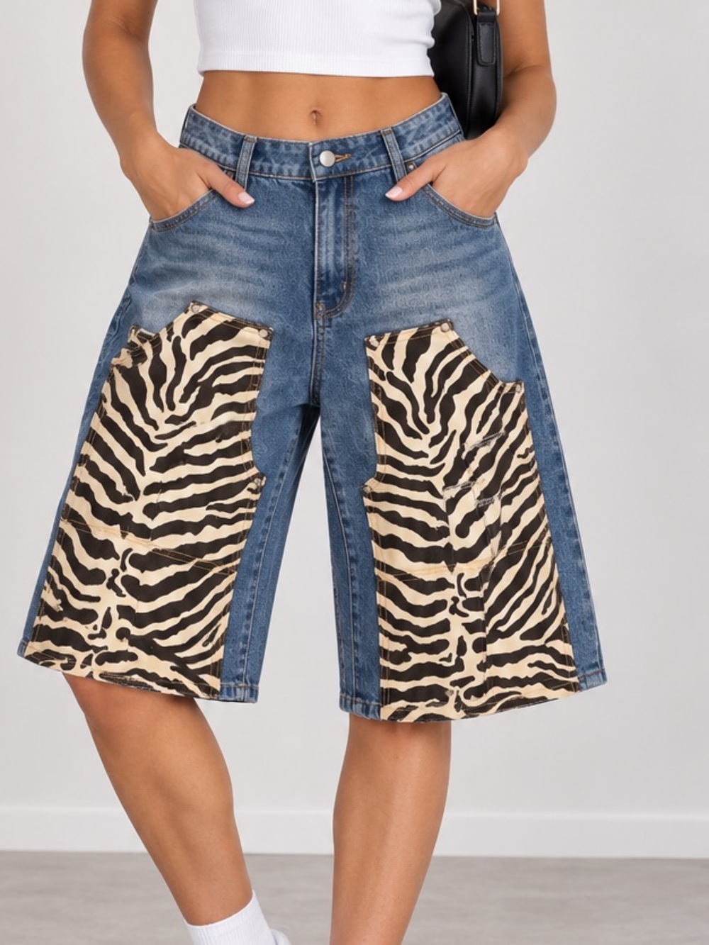 063.New Denim Zebra Patchwork Bermuda Shorts - Blue